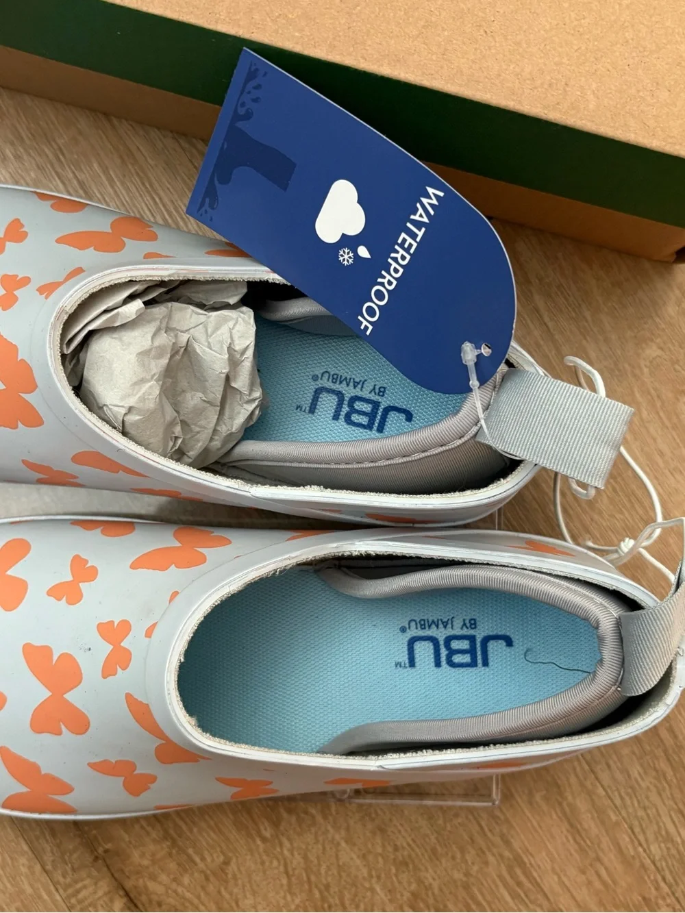 JBU Kids Waterproof Slip-On Boots in Light Gray with Orange Butterfly Print